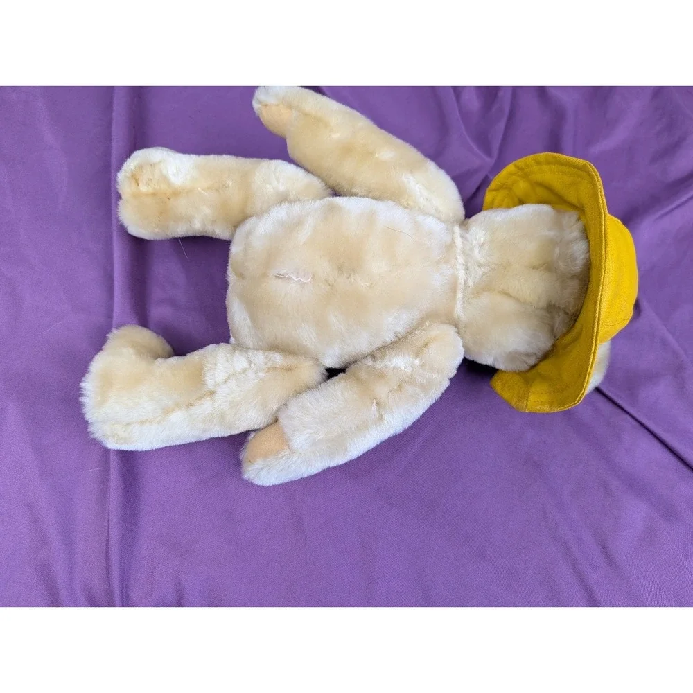 VTG 90s Plush Porcelain Human Faced Teddy Bear Hair Eyelashes Brass Button Hat
